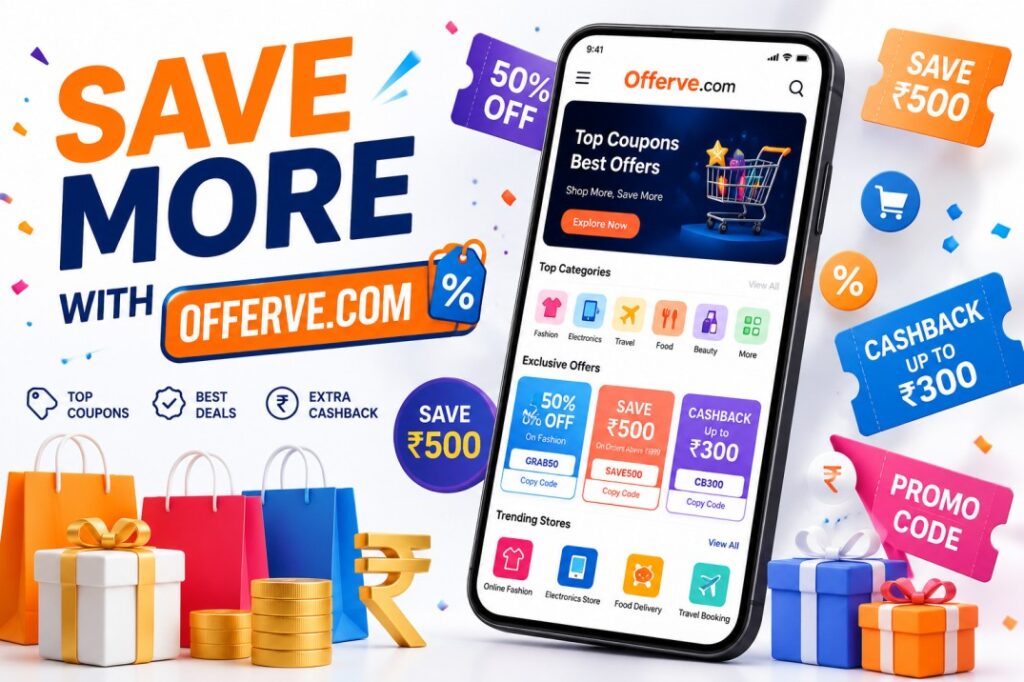 Offerve.com homepage showing verified coupon codes, online shopping deals, discount offers, cashback promotions, and promo code savings.