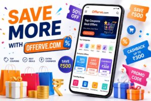 Offerve.com homepage showing verified coupon codes, online shopping deals, discount offers, cashback promotions, and promo code savings.